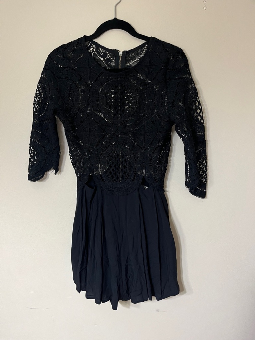 Black Crochet-Detail Short Jumpsuit with Sheer Lace Top